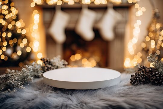 Cozy Christmas scene with warm lights, decorated fireplace, and snowy accents