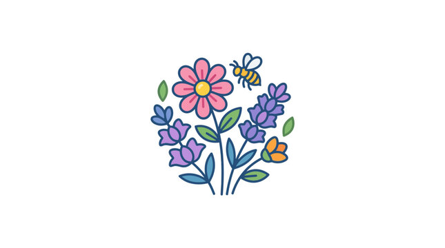 Cute Bee Flying Over Colorful Wildflowers and Lavender in Circle Design