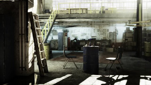 Maintenance bay with central ladder bathed in highcontrast light, workbench and barrels flanked by metal stairs, gritty concrete floor dotted with oil stains,