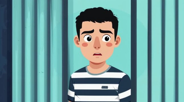 Sad Man in Striped Prison Uniform Behind Bars Depicting Emotions of Isolation and Despair in a Cartoon Style Illustration