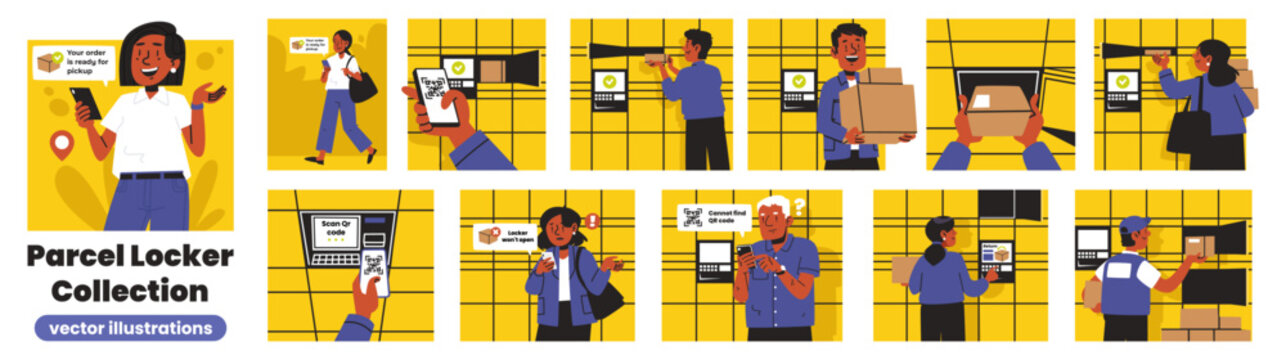 Parcel Locker Service Collection with Package Pickup, QR Code Scanning and Return Vector Illustrations