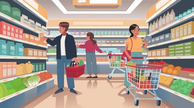 Seamless Loop Animation of Customers Shopping in Modern Supermarket Grocery Store