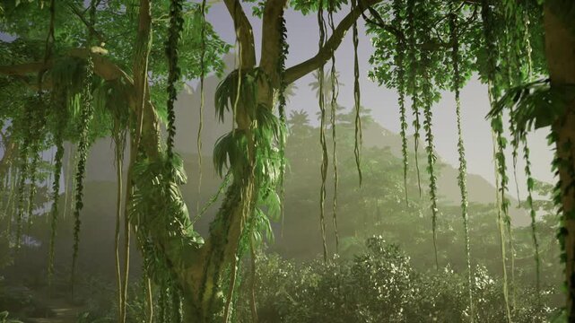 Sunlit clearing with dangling vines and lush undergrowth, soft beams illuminate ferns and moss, serene atmosphere invites meditation and outdoor recreation
