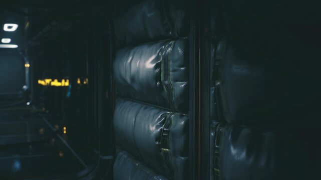 Small station cargo area setup. Confined station storage corridor outfitted with padding and utility panels for inventory and supply procedures