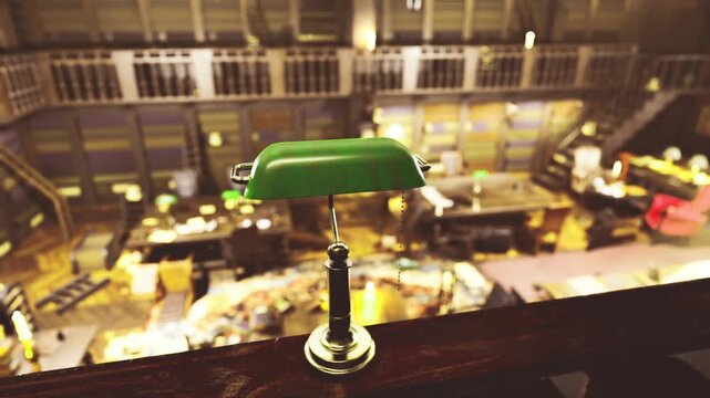 Green desk lamp over creative workspace, soft bokeh background, sketchbooks and pens on table, designer sketching ideas, relaxed studio mood with warm tones