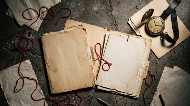Vintage manila folders and pocket watch on dark floor
