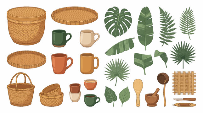 An assortment of wicker baskets, ceramic cups, and tropical leaves on a table indoors.