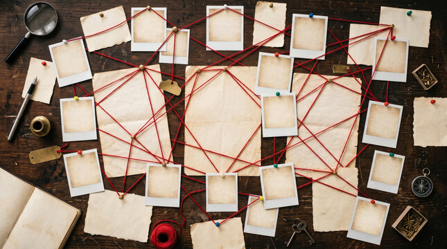 Blank detective evidence board with red string connection
