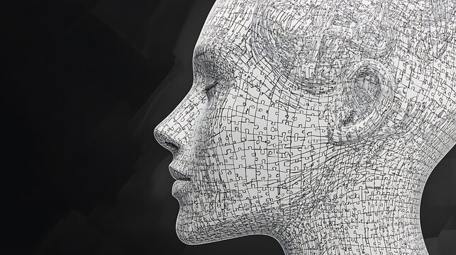 3D render of a female head composed of puzzle pieces, against a dark background.