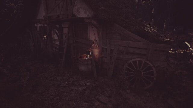Shadowed wagon wheel barely visible under leaf litter, distant lantern ember casting faint glow, tangled vines and decomposing wood, eerie silent clearing