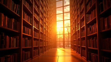 Fototapeta premium Tall library bookshelves frame glowing sunset floor-to-ceiling window