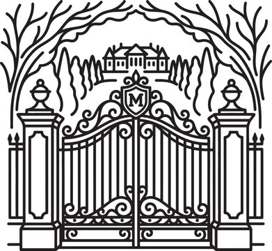 Ornate wrought iron gate with a monogram and a mansion in the background, framed by stylized trees.