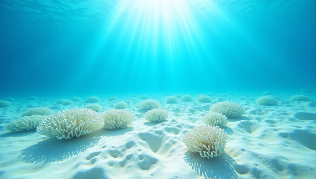 Sun rays stream through clear turquoise ocean over pale coral on rippled white sand