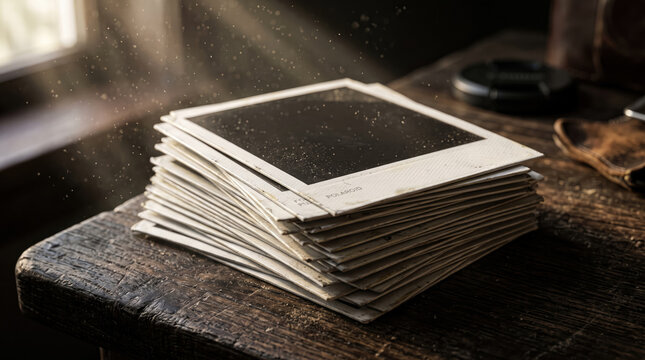Macro shot of empty polaroid photos on wooden table