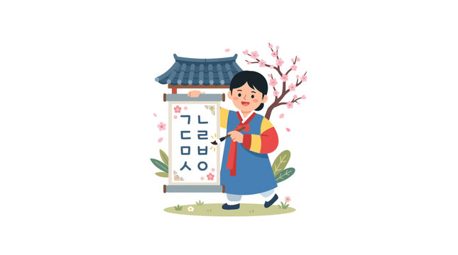 Cute Korean Girl Holding Hangul Calligraphy with Traditional Gate and Cherry Blossom