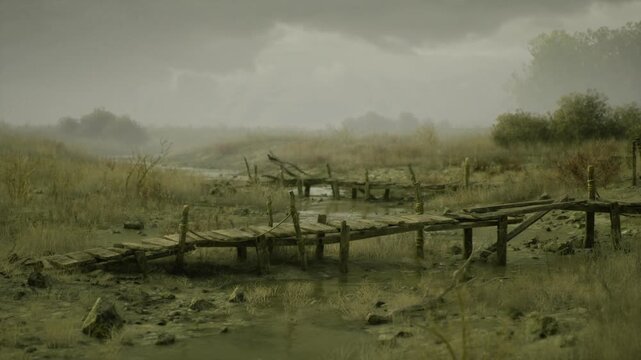 Stormfront Netherlands marshland with bent grasses. Dark clouds gather over rutted timber path, wooden planks slick with mud, tense atmosphere of approaching
