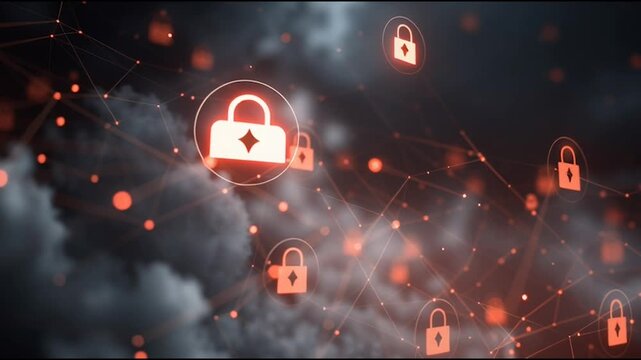 abstract cloud social media innovative cyber security network, using interconnected nodes to represent business partnerships on the Smart digital Innovation city with connection network reciprocity ov