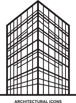 Abstract architectural icon or symbol depicting modern high-rise building with intersecting lines and geometric shapes.