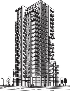 Modern city residential building with stores and people on sidewalk in line art. architectural project for urban development.