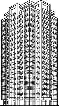 Tall contemporary residential building with multiple balconies and repetitive window pattern in outline style.