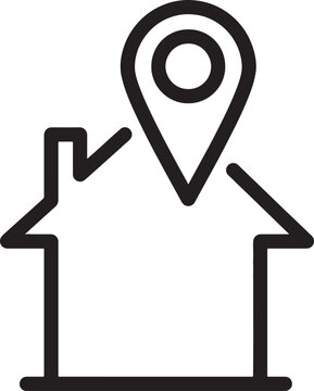 House icon with a location pin marker, representing address, real estate search, and pinpointing property for sale or rent.