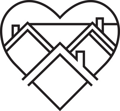 Heart shape encompassing three houses, symbolizing home, family, love, and real estate investment for domestic well-being.