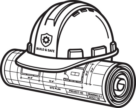Detailed isometric illustration of construction plans with a safety helmet and gear, highlighting site development and project execution.