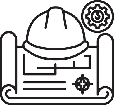 Blueprint and hard hat icon, symbolizing construction planning, engineering, and safety protocols for building projects.