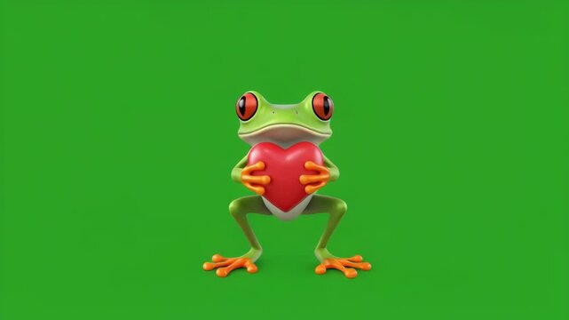 Red Eyed Tree Frog Holding Heart With Green Screen Background During Studio Lighting