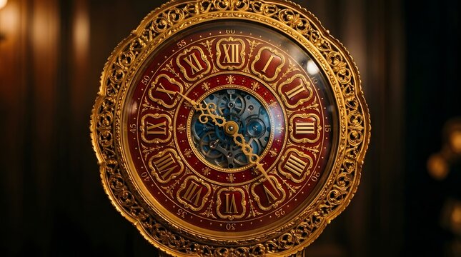 Intricate gold and red roman numeral clock face