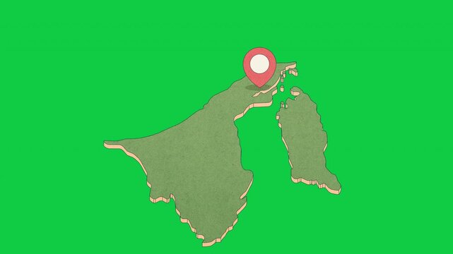 Animated Brunei Darussalam Map with Bouncing Location Marker on Bandar Seri Begawan City, Transparent Background, Alpha Channel, 4K resolution