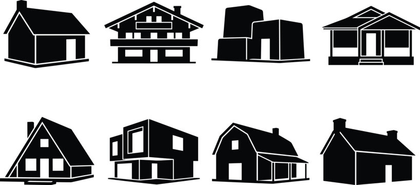 Collection of diverse house silhouettes showing different architectural property styles and building icons isolated on white background