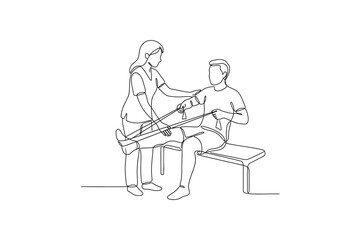 Fototapeta premium Continuous line drawing of physical therapist helping patient with resistance band.