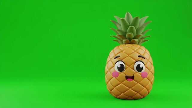 Sad pineapple character animated with expressive eyes on a green screen background during a studio shoot