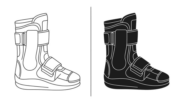 Orthopedic Boot Vector Art: A clear illustration of an orthopedic walking boot shown in both line art and silhouette styles, highlighting its supportive design.