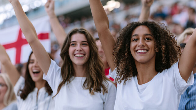Enthusiastic female England football fans celebrating victory inside stadium