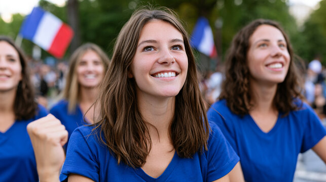Passionate French female football supporters celebrating victory in fan zone