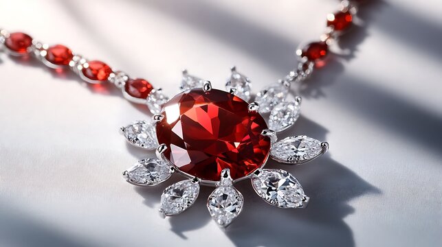 Close-up of elegant ruby and diamond necklace.