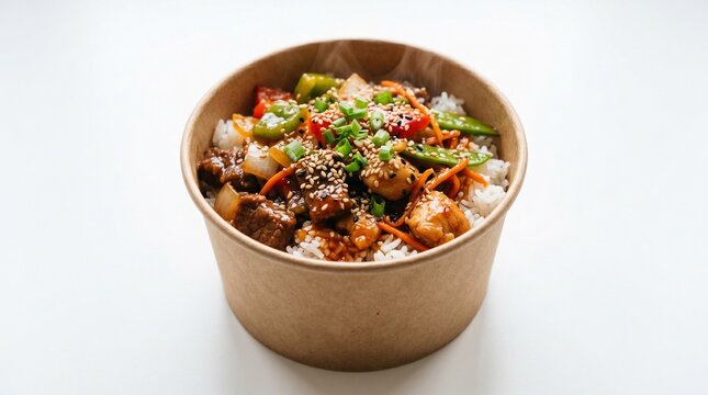 Chicken and vegetable rice bowl in kraft paper container Concept of healthy food, takeout, delivery, and asian cuisine  made by AI generative