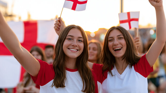 English Female Football Supporters Celebrating Victory at Outdoor Fan Zone