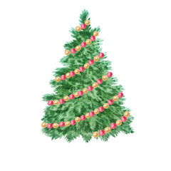 Fototapeta premium Watercolor christmas tree with spiral red and gold bead garland. Hand drawn festive winter holiday illustration isolated on element background. Detailed realistic drawing.