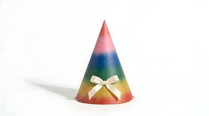 Fototapeta premium This image features a colorful party hat rendered in a geometric cone shape perfectly isolated on a seamless pure white backdrop