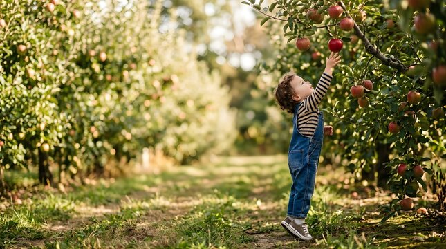 Cute toddler boy reaching to pick a fresh red apple in a sunny orchard