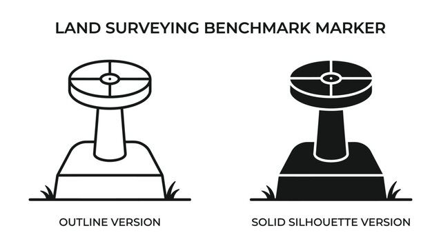 Land Surveying Benchmark Marker: Two graphic representations of a land surveying benchmark marker, one in outline and the other as a solid silhouette, are shown against a neutral background.