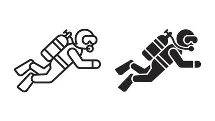 Diver Icons: Two minimalist representations of a diver, one outlined and one solid silhouette, depicting a person engaged in scuba diving with breathing apparatus. © hasnat