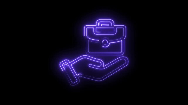 Purple neon outline of a briefcase resting on an open hand against a icon black background