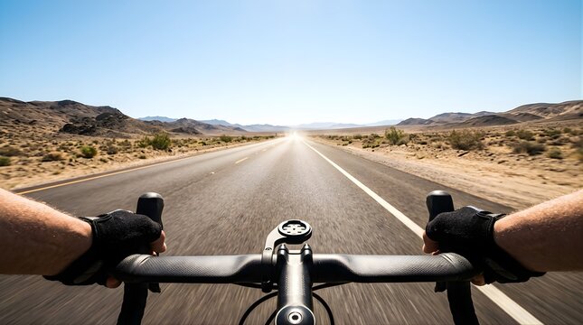 Cyclist point of view riding a road bike on a desert highway in summer