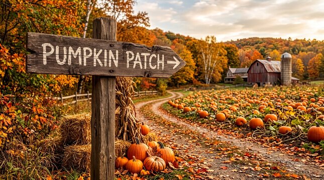 autumn decor, a rustic wooden sign directing to a vibrant, autumn pumpkin patch