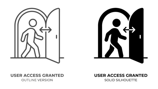 User Access Granted Icons: A set of two graphic icons representing user access granted, one in outline style and the other as a solid silhouette, depicting a person entering through an open doorway.
