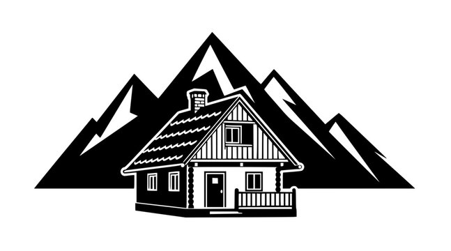 Alpine cabin against jagged mountain peaks, black and white vector logo